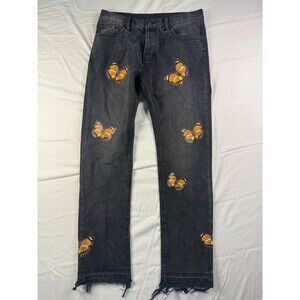 MNML Jeans Womens Size 33 Straight Butterfly Print Black 5 Pocket Raw Hem